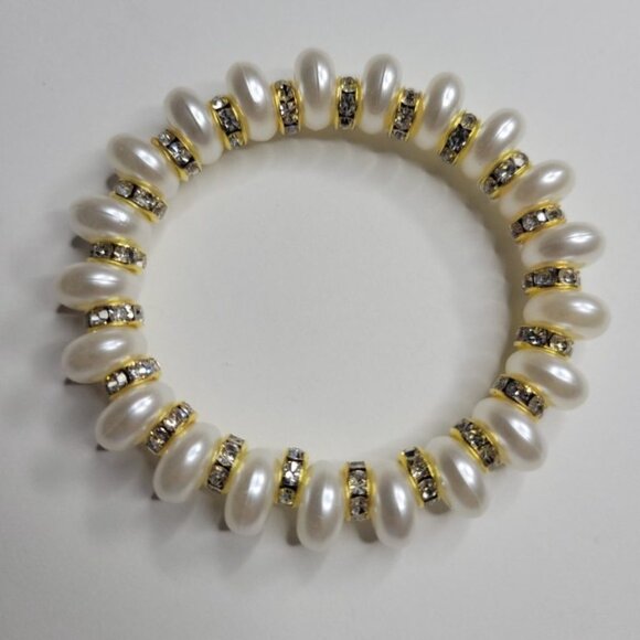 NWT Ladies Pearlescent Beads And Golden Rhinestone Stretch Bracelet S, M, L, XL - Picture 5 of 8